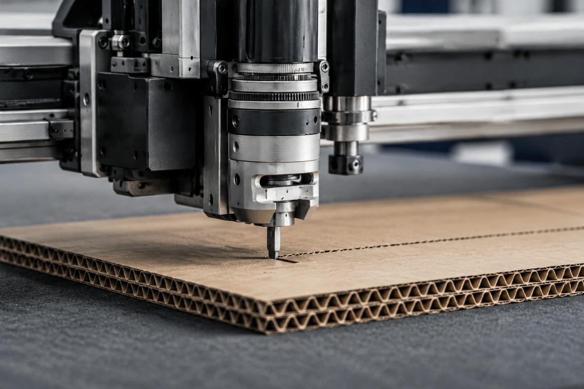 Close-up of oscillating knife cutting corrugated cardboard CNC knife cutting system