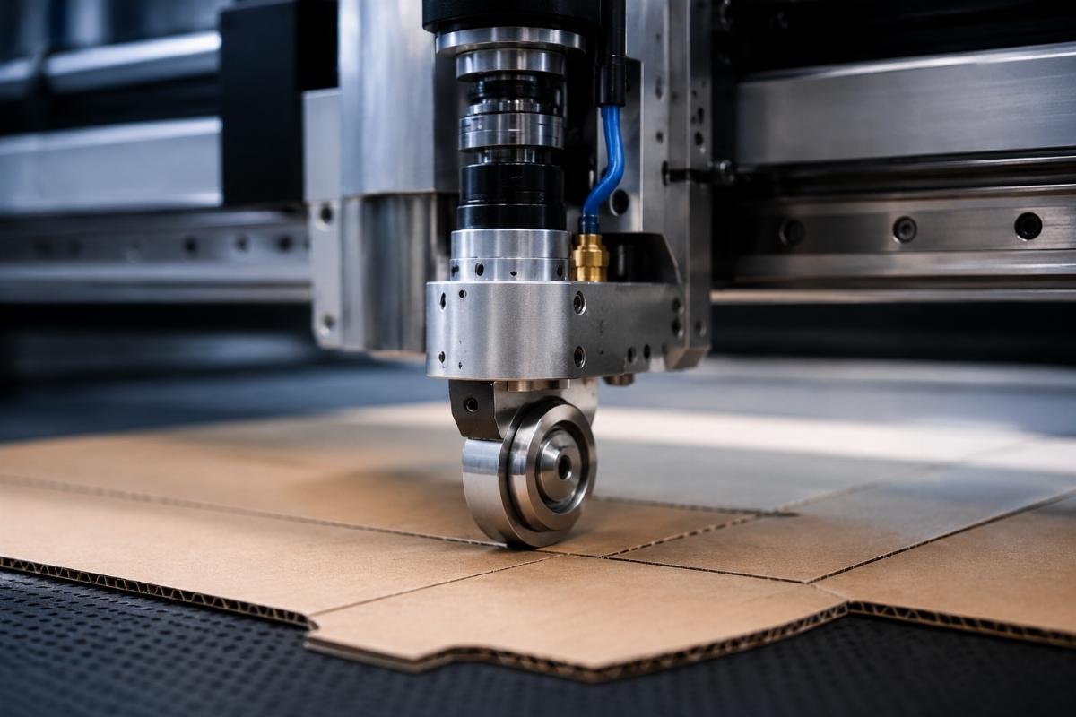 CNC creasing wheel creating fold lines in cardboard Creasing tool on CNC