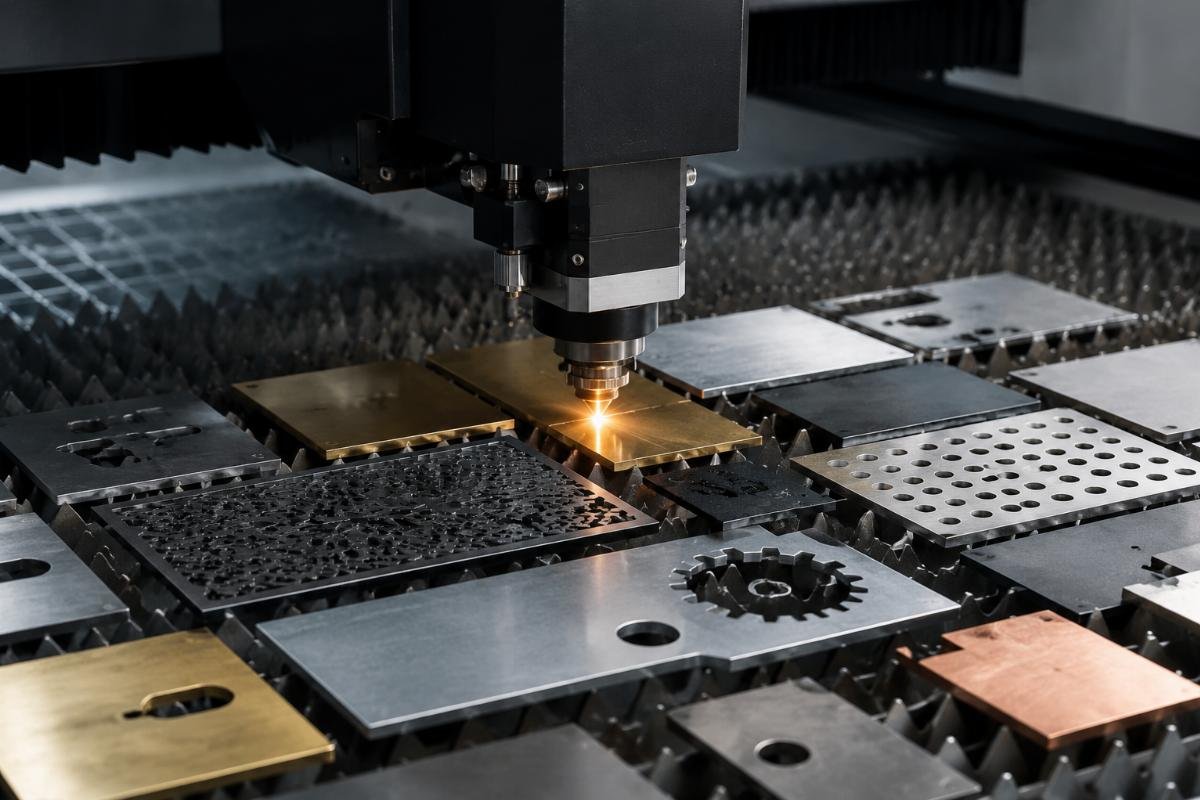 Different materials for CNC cutting Material samples on cutting bed