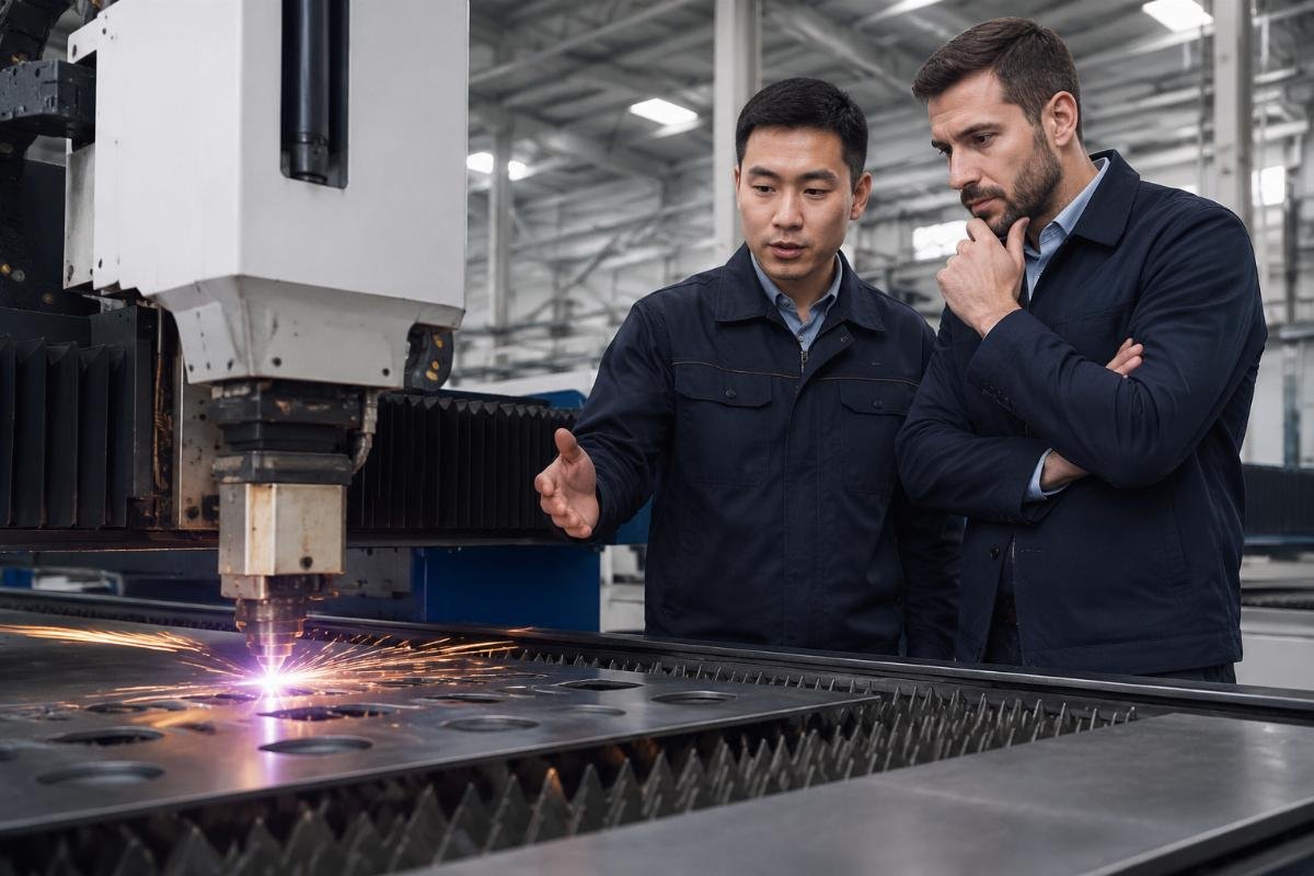 Distributor reviewing cutting workflow with factory manager Factory floor analysis discussion