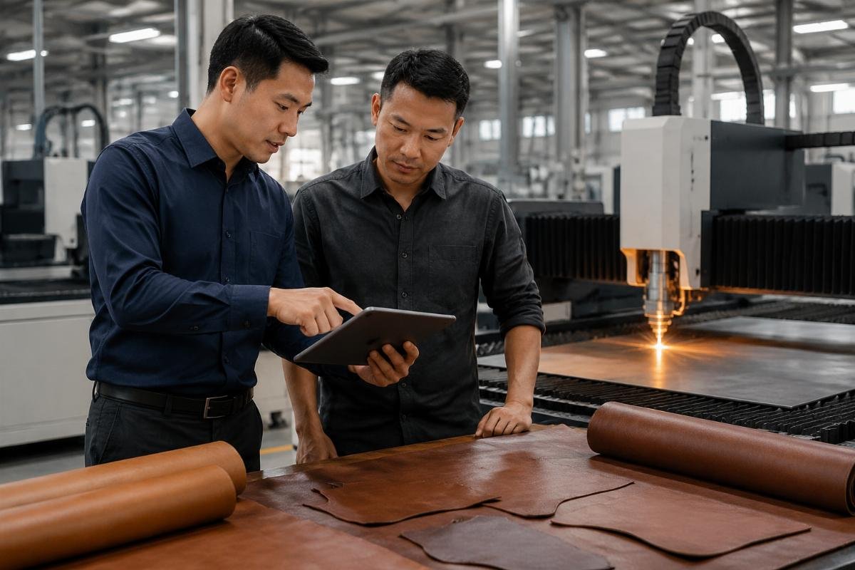 Equipment distributor showing leather factory owner return on investment projections Distributor presenting ROI calculations to factory owner
