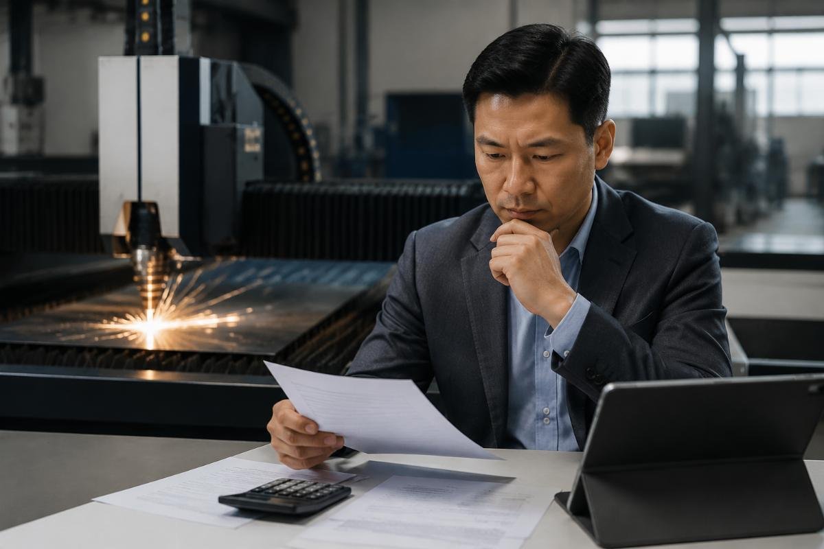 Evaluating financing for CNC cutting equipment Business owner reviewing payment options