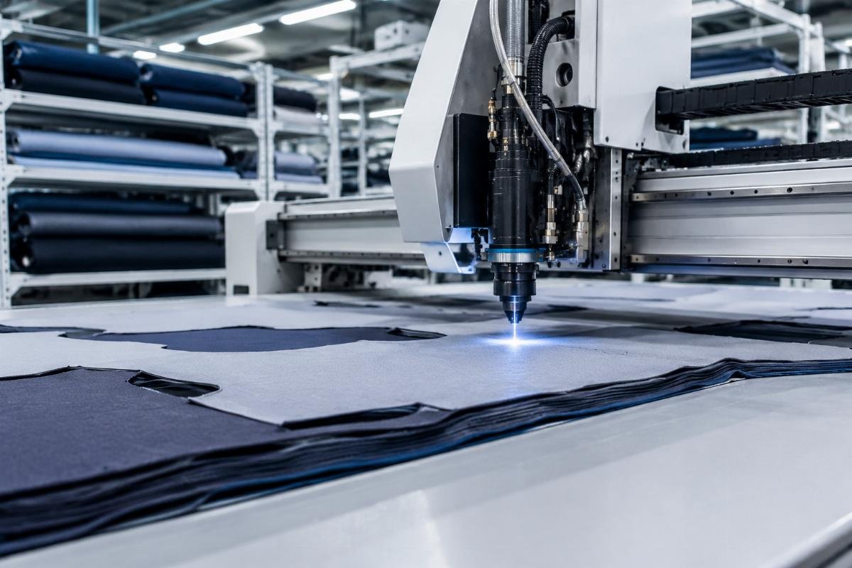 Garment factory production floor with fabric cutting area