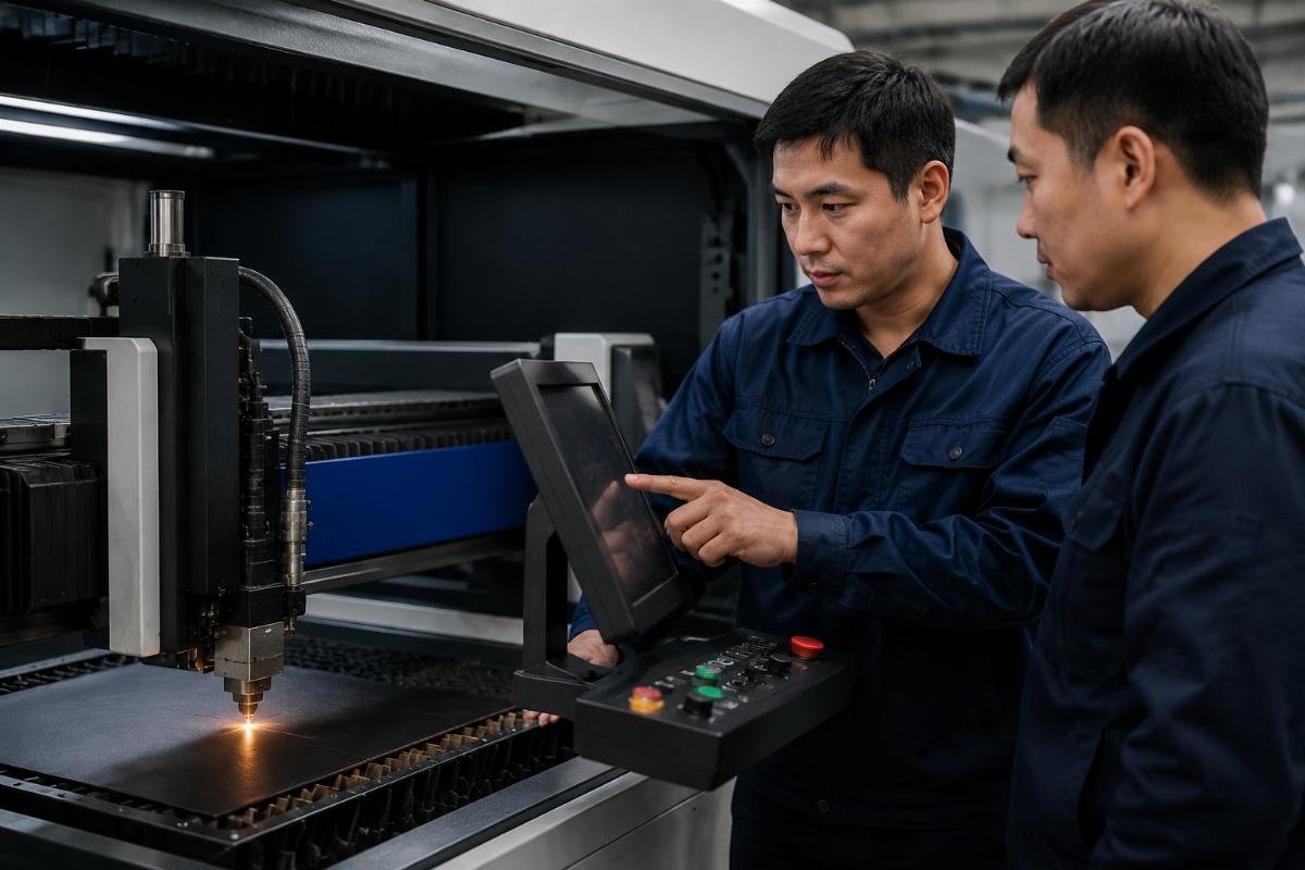 Factory operator learning CNC cutting machine controls Leather factory worker training on CNC system