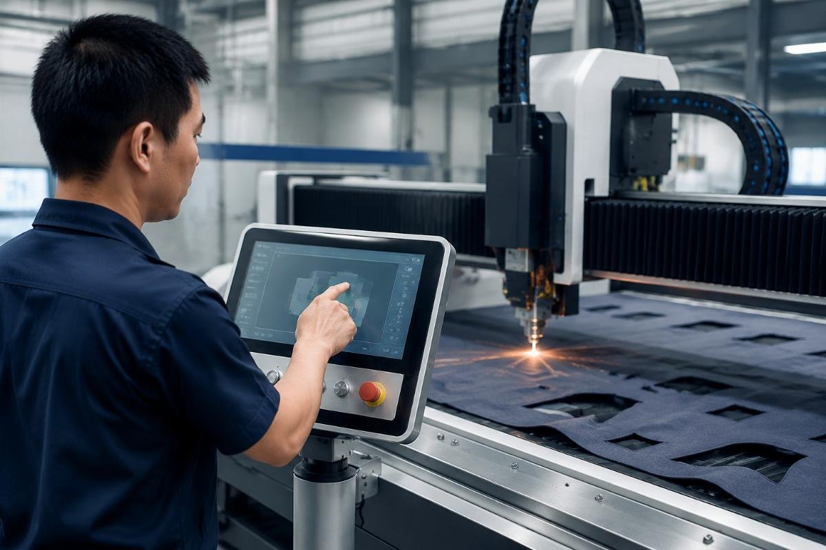 Multi-language interface on industrial fabric cutting control panel