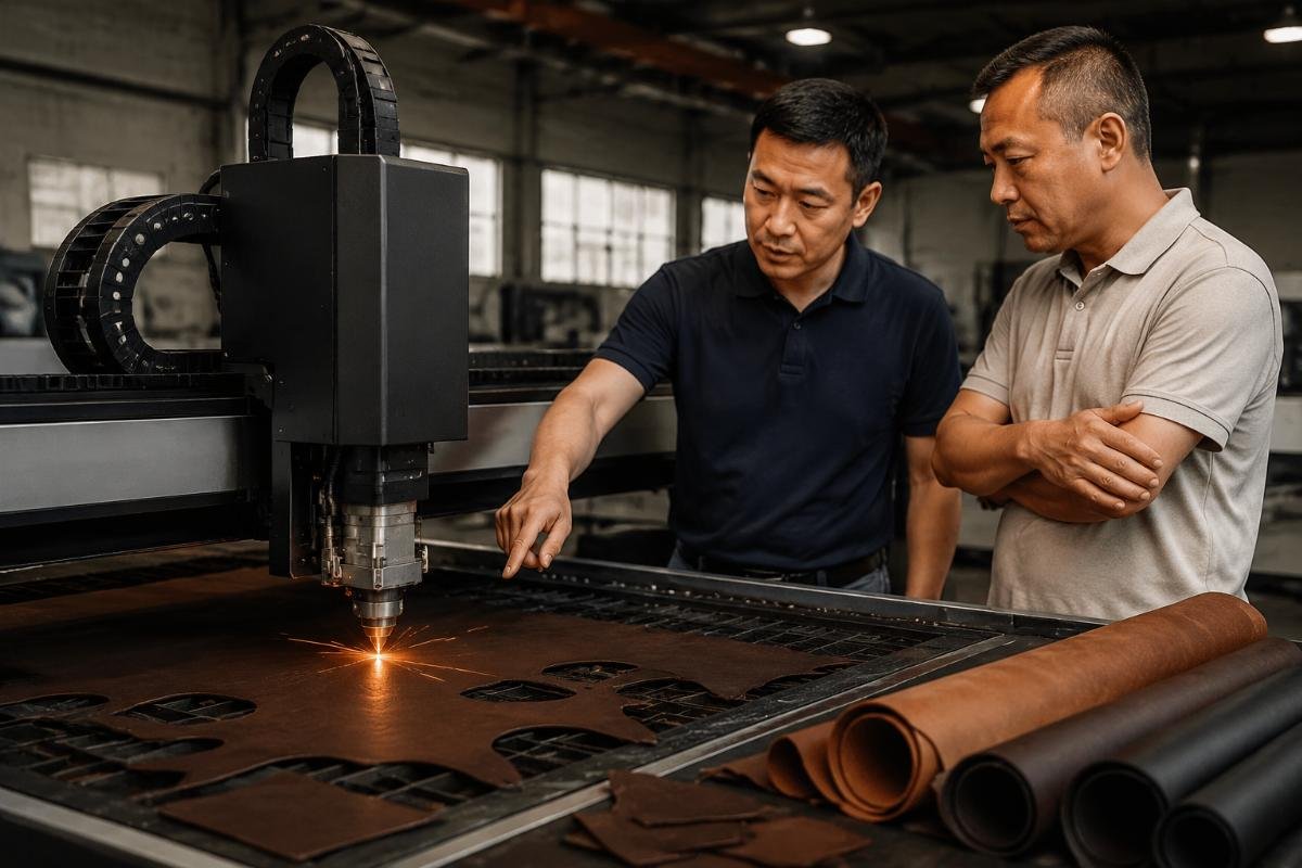 Leather factory evaluating CNC cutting equipment