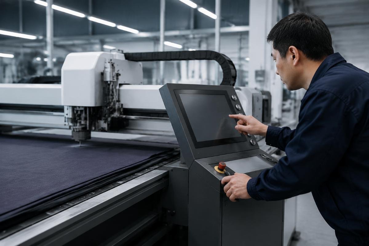 Machine operator reading fault code on CNC fabric cutter Operator checking fabric cutting machine display panel for fault code