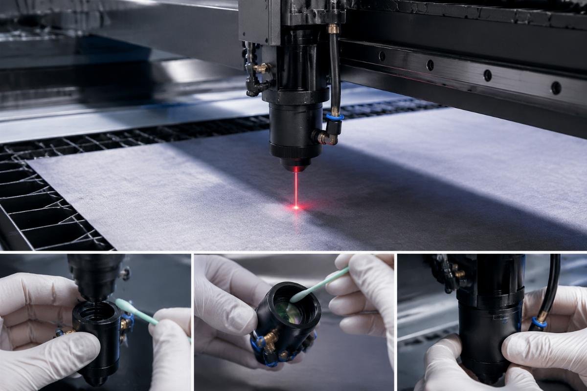 Maintenance steps for optical sensor on fabric cutter Sensor cleaning procedure illustration for fabric cutting machine