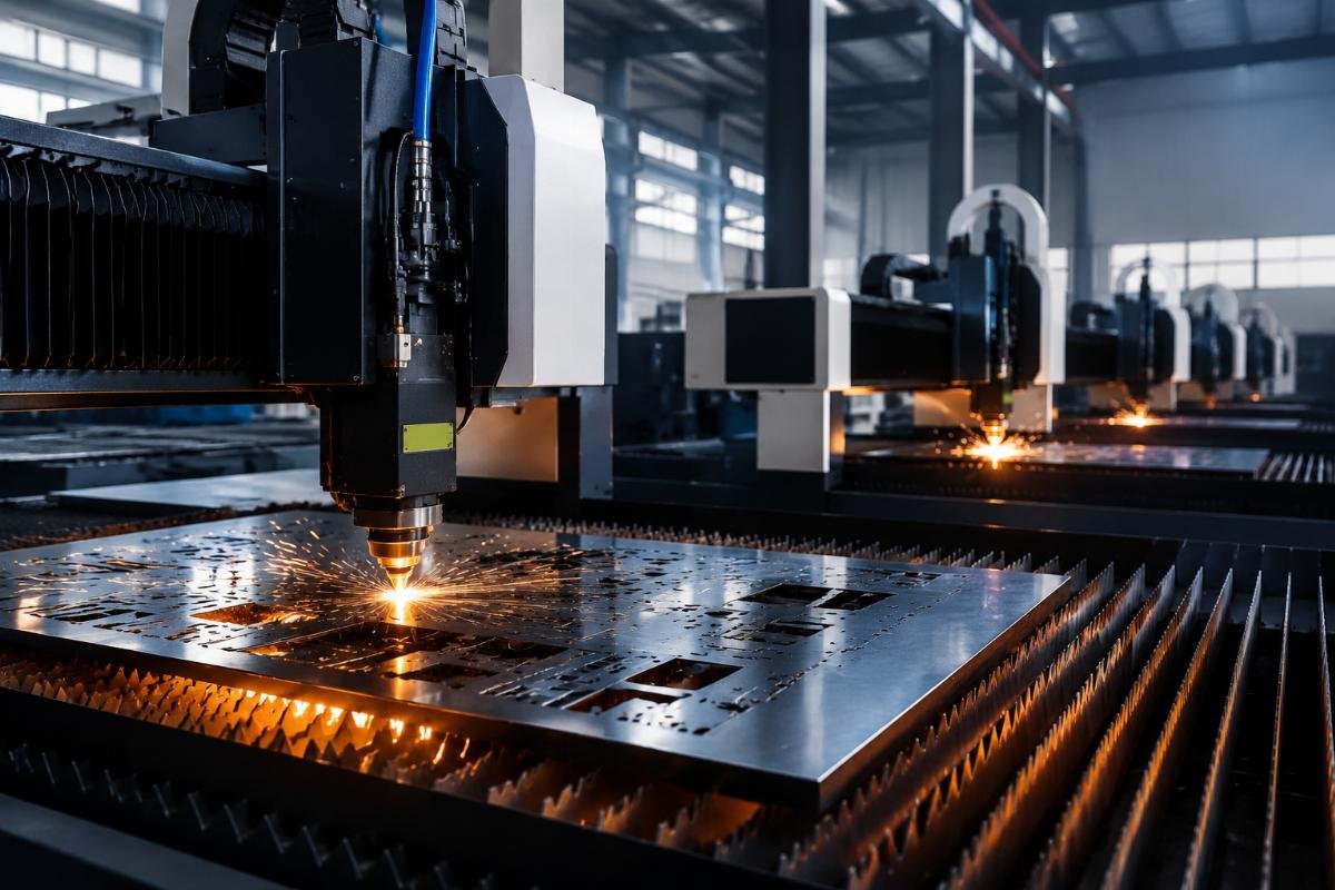 Multiple CNC cutters in operation Production floor with CNC cutting machines