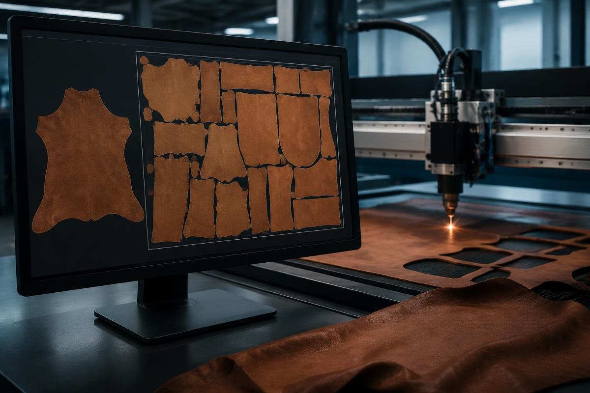 Nesting software displaying optimized cutting layout for leather hide CNC software showing optimized leather nesting pattern