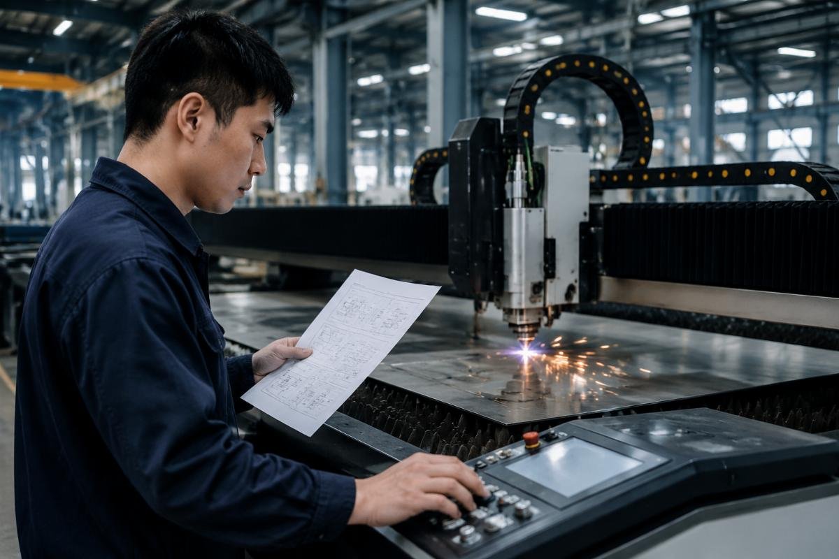 Production worker using quick reference guide at fabric cutting station Operator following fault code troubleshooting steps on reference sheet
