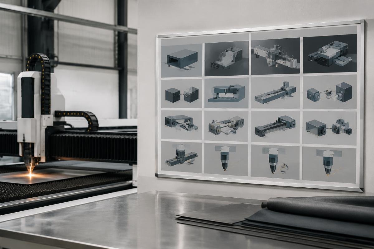 Fabric cutting machine fault code reference sheet displayed on workshop wall