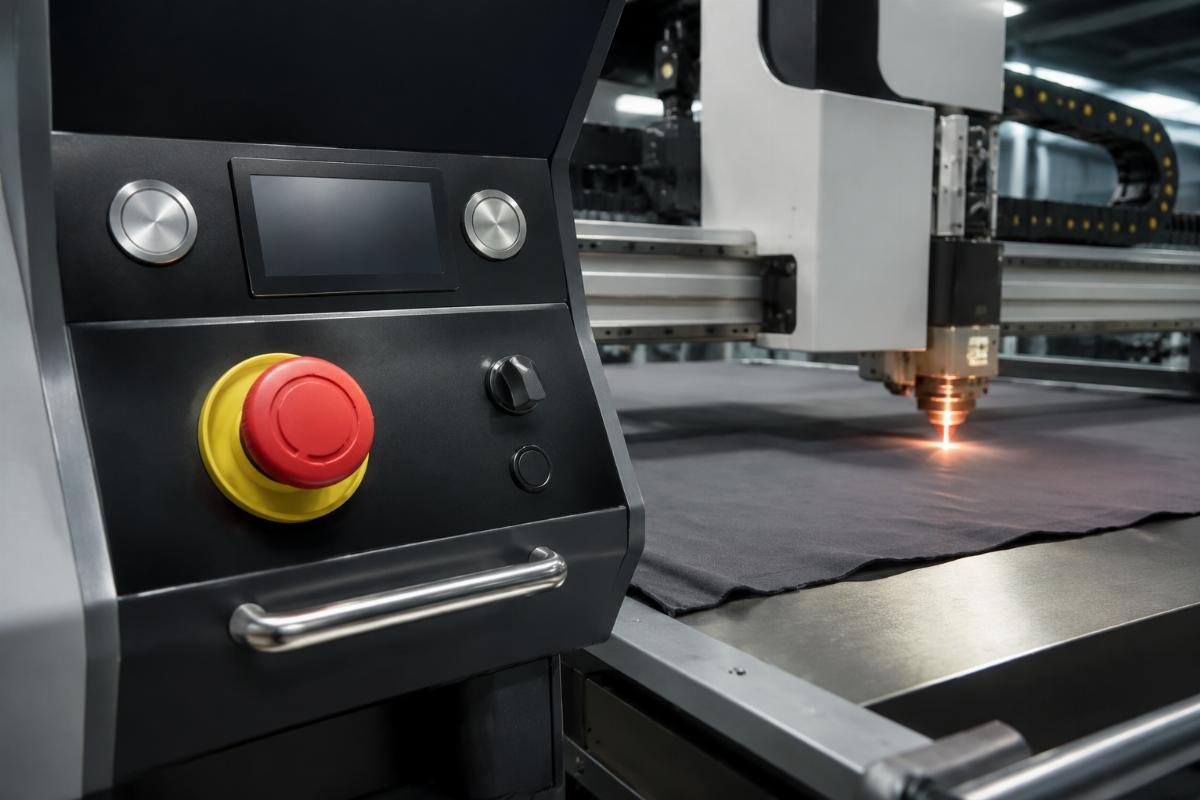 Safety features on industrial fabric cutter control system Emergency stop button highlighted on fabric cutting machine control panel