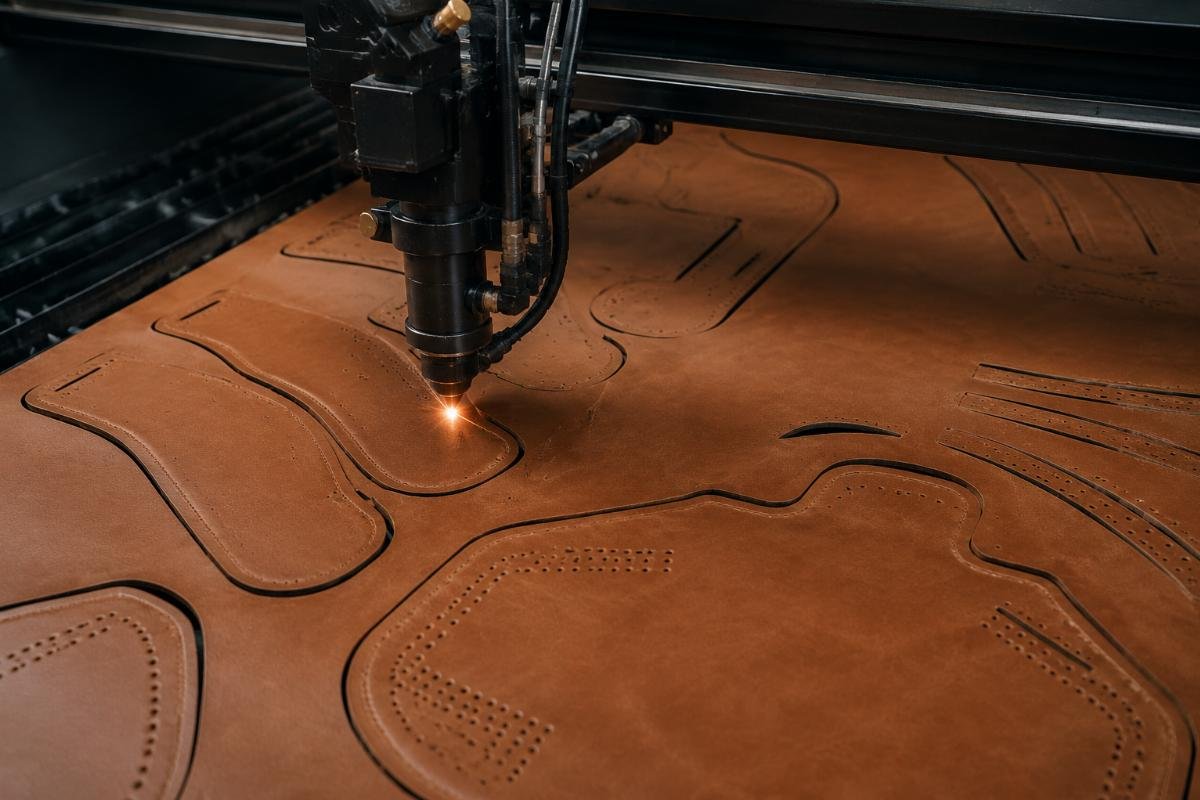 Sales demonstration showing factory owner's real production patterns being cut CNC demonstration cutting factory's actual leather patterns