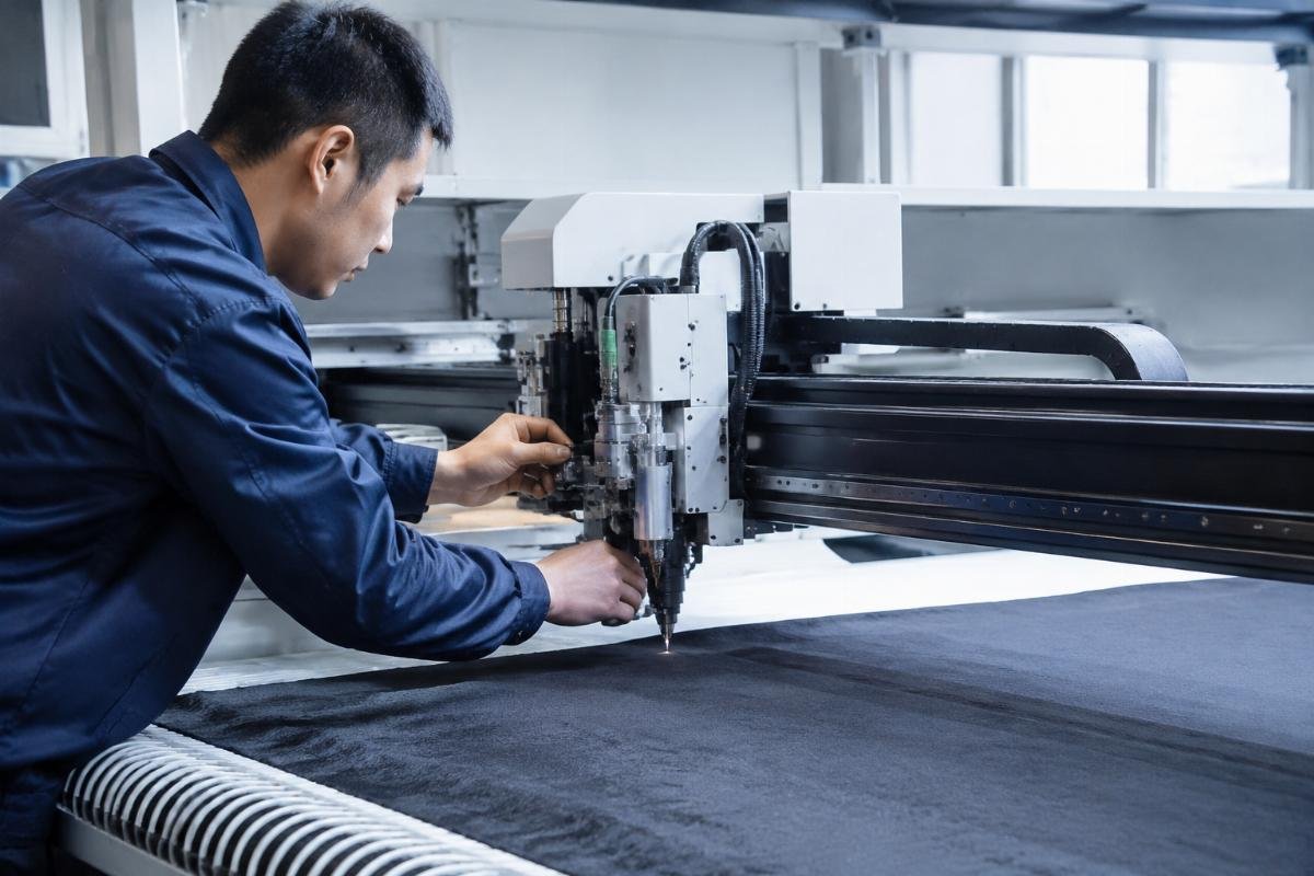 Technician performing initial setup of fabric cutting machine Installation and calibration process