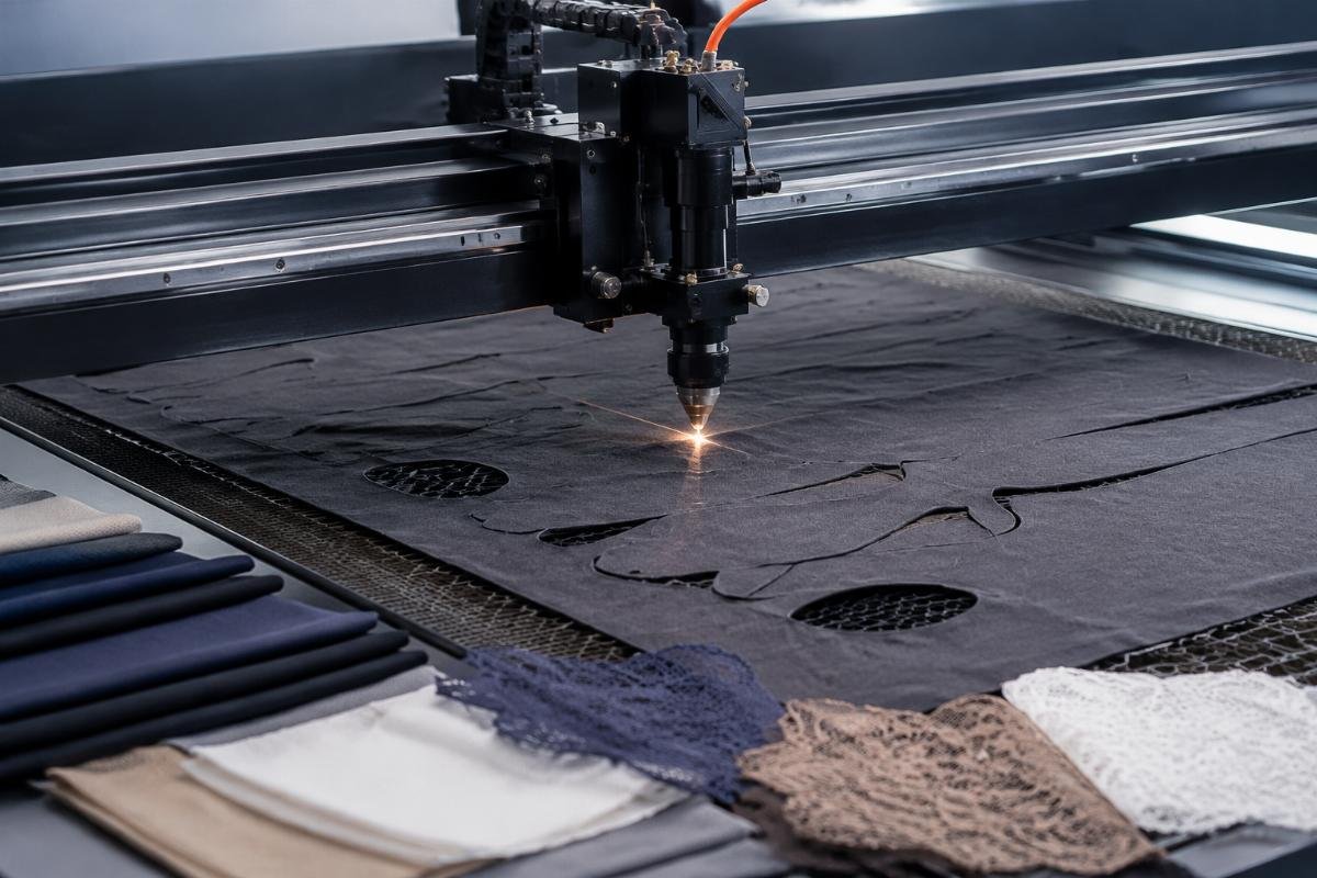 Testing various fabric samples on cutting equipment Fabric testing process with client samples