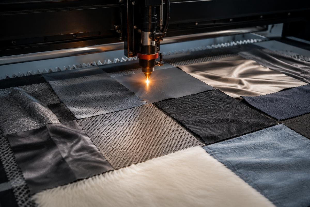Various fabric samples on cutting table Different fabric types requiring different cutting approaches