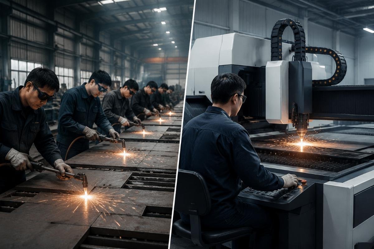 1 CNC operator vs 5 manual cutters labor cost comparison Side-by-side comparison of a 5-person manual cutting station and a single-operator CNC cutting work cell