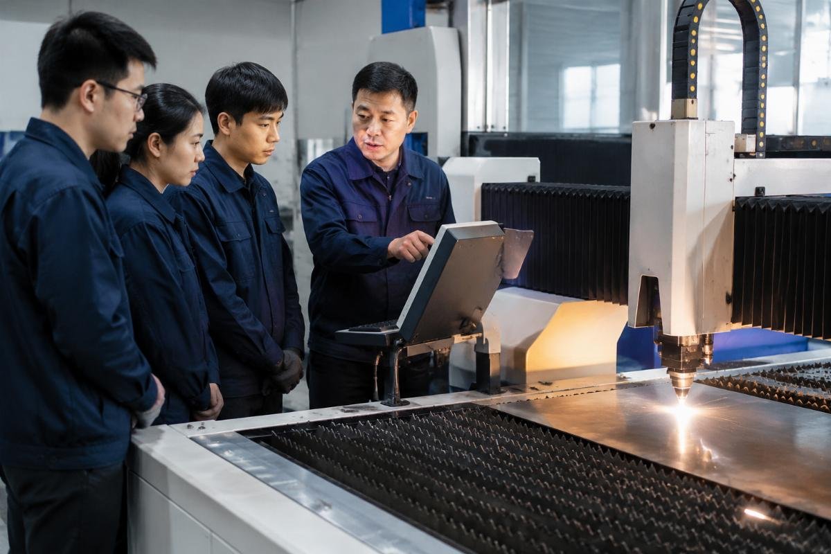 After-sales support for CNC cutting equipment After-sales engineer training factory staff on CNC cutting machine operation