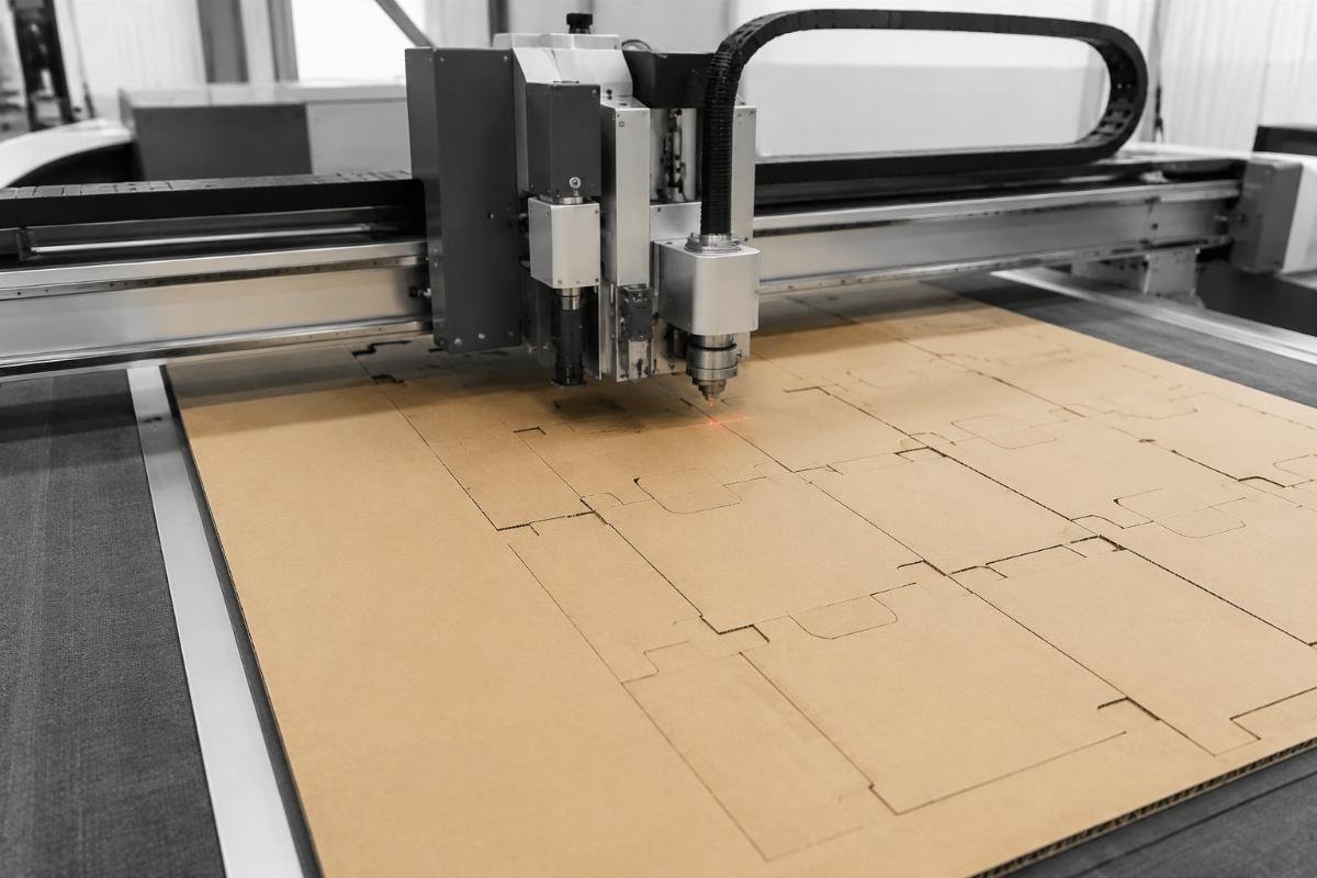 CNC oscillating knife cutting machine running automatic nesting on corrugated board sheets