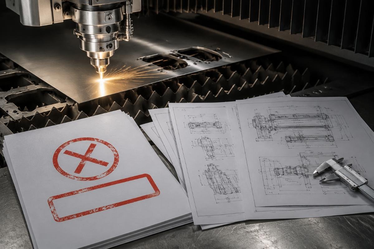 Avoid CNC Cutting Machine Insurance Claim Rejections An insurance claims form with red rejection stamps next to a set of verified CNC machine technical specification sheets