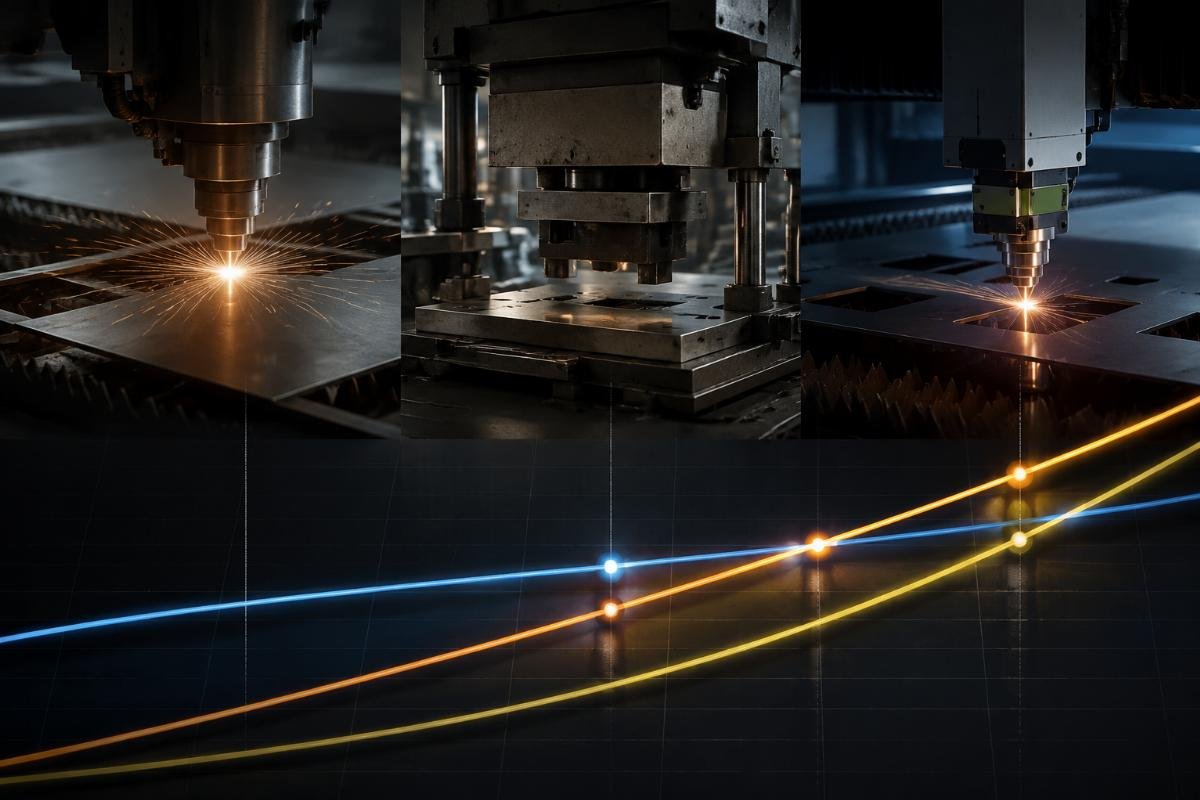 Break-even production volume for CNC cutter, click press and laser Break-even volume threshold chart for three cutting technologies
