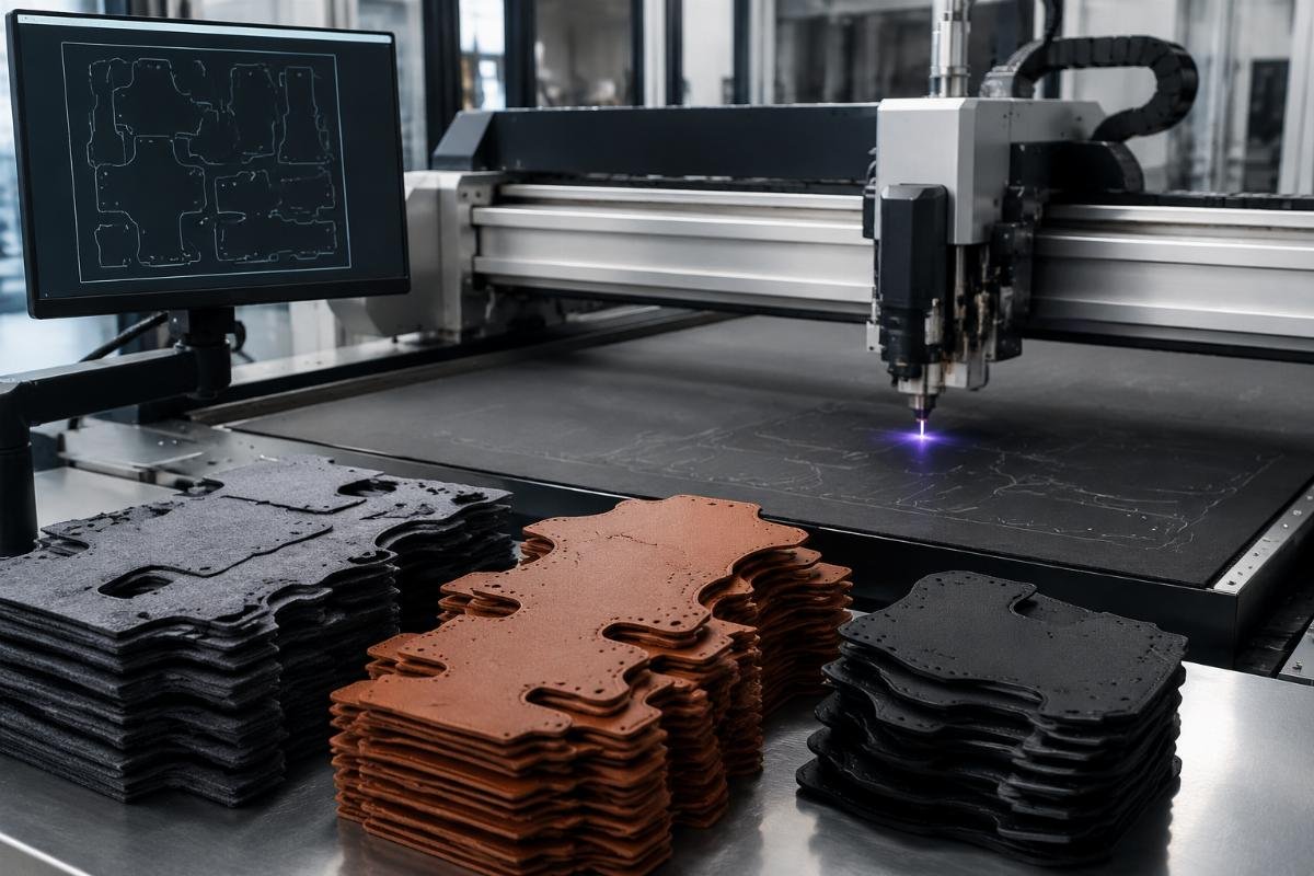 Calculate real savings from eliminating die tools Stacks of cut fabric and leather parts next to a CNC cutting machine, with a digital cut profile visible on the attached control screen