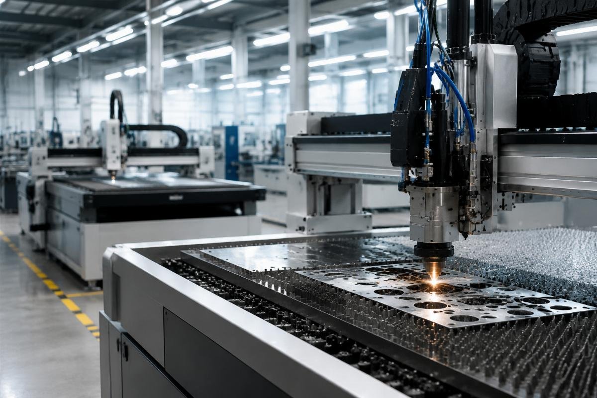 Certified production facility for filter media CNC cutting machines A certified factory workshop showing CNC cutting machine production and quality inspection processes