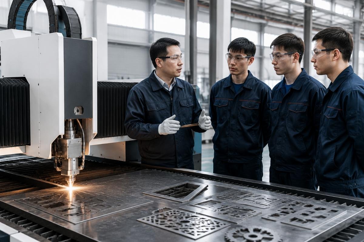 Check supplier support before investing in die-free equipment A certified technician running on-site training for factory staff next to a newly installed CNC cutting machine, with sample test cuts laid out on the work surface