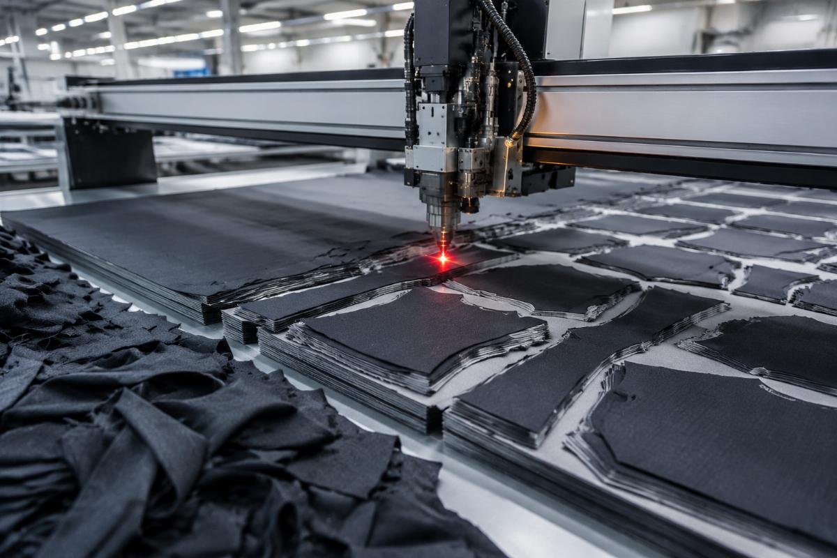 CNC cutter processing multi-layer fabric in a garment factory