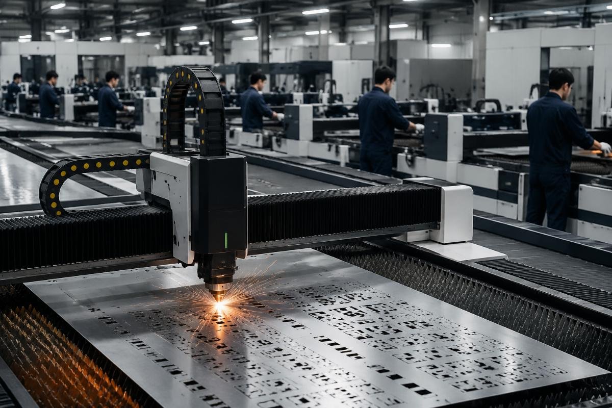 CNC cutting for bulk uniform production capacity Workers operating CNC cutting machine in uniform production workshop