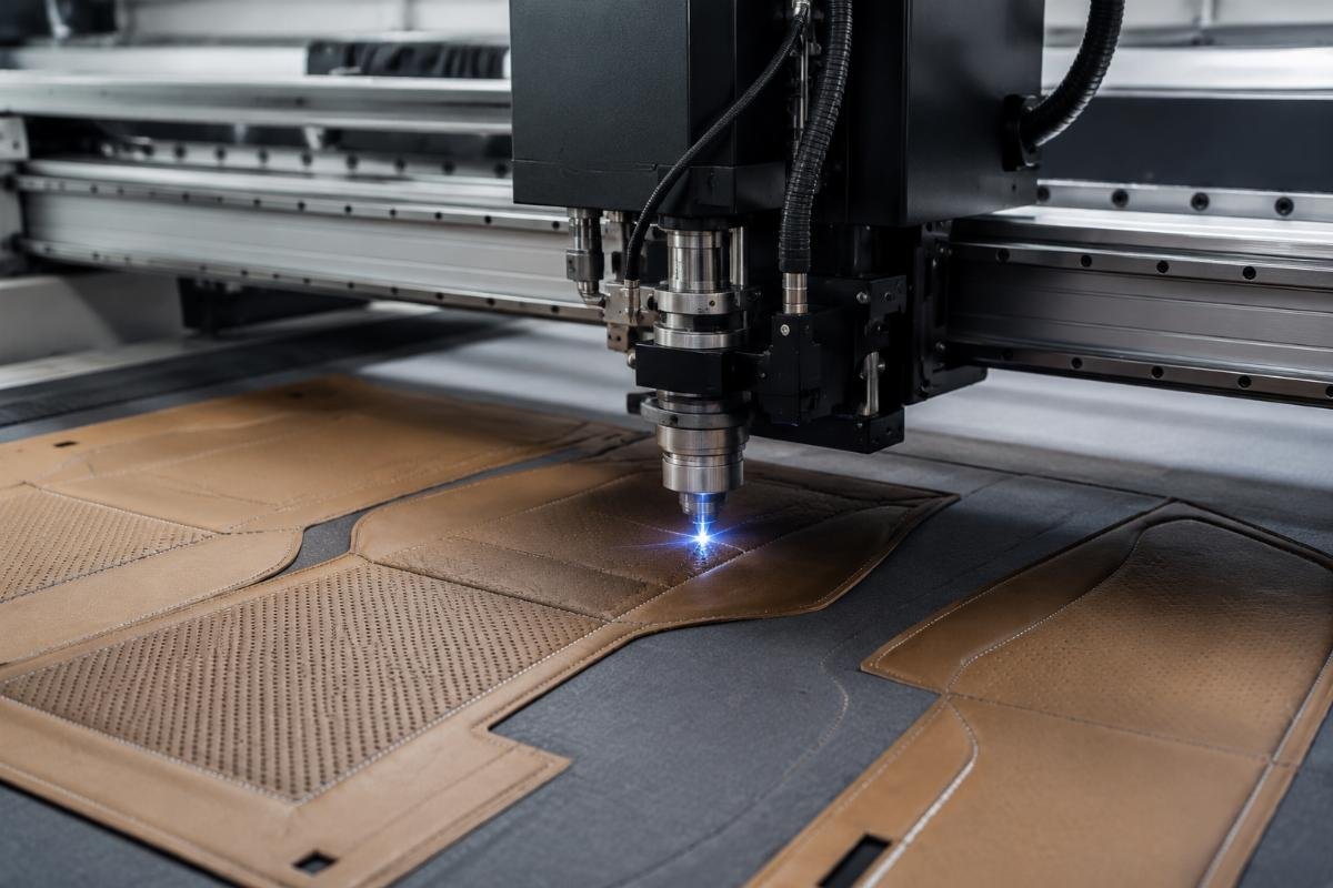 A CNC cutting machine processing PU and genuine leather for car seat covers in a clean production workshop