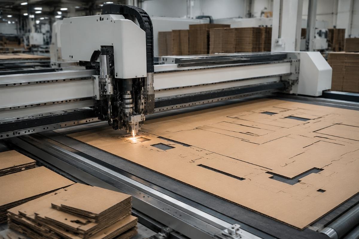Mid-sized packaging factory production floor with CNC cutting machine running custom corrugated board jobs