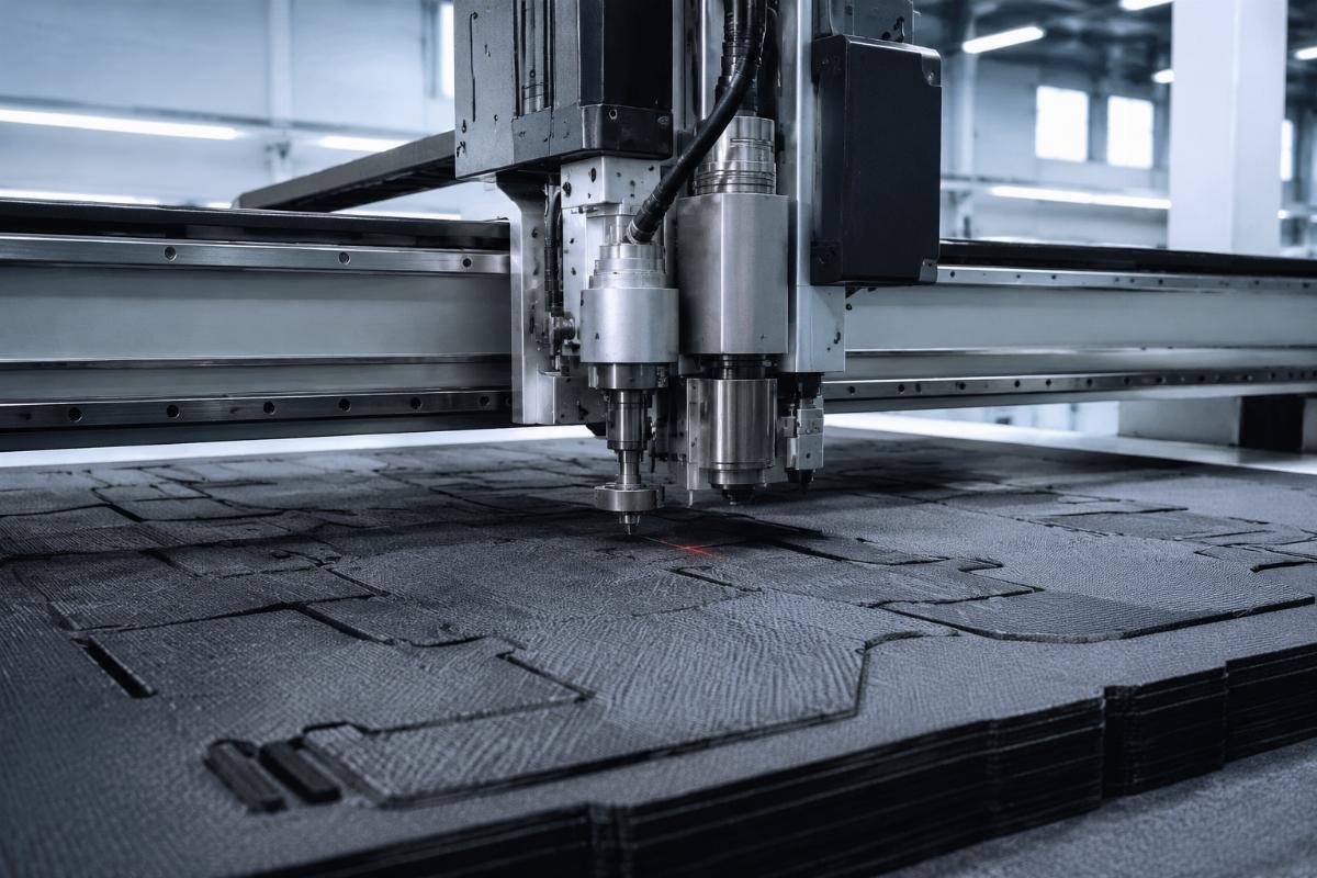 A CNC oscillating knife cutting system processing 30mm thick nylon blended tactical fabric in a clean production workshop
