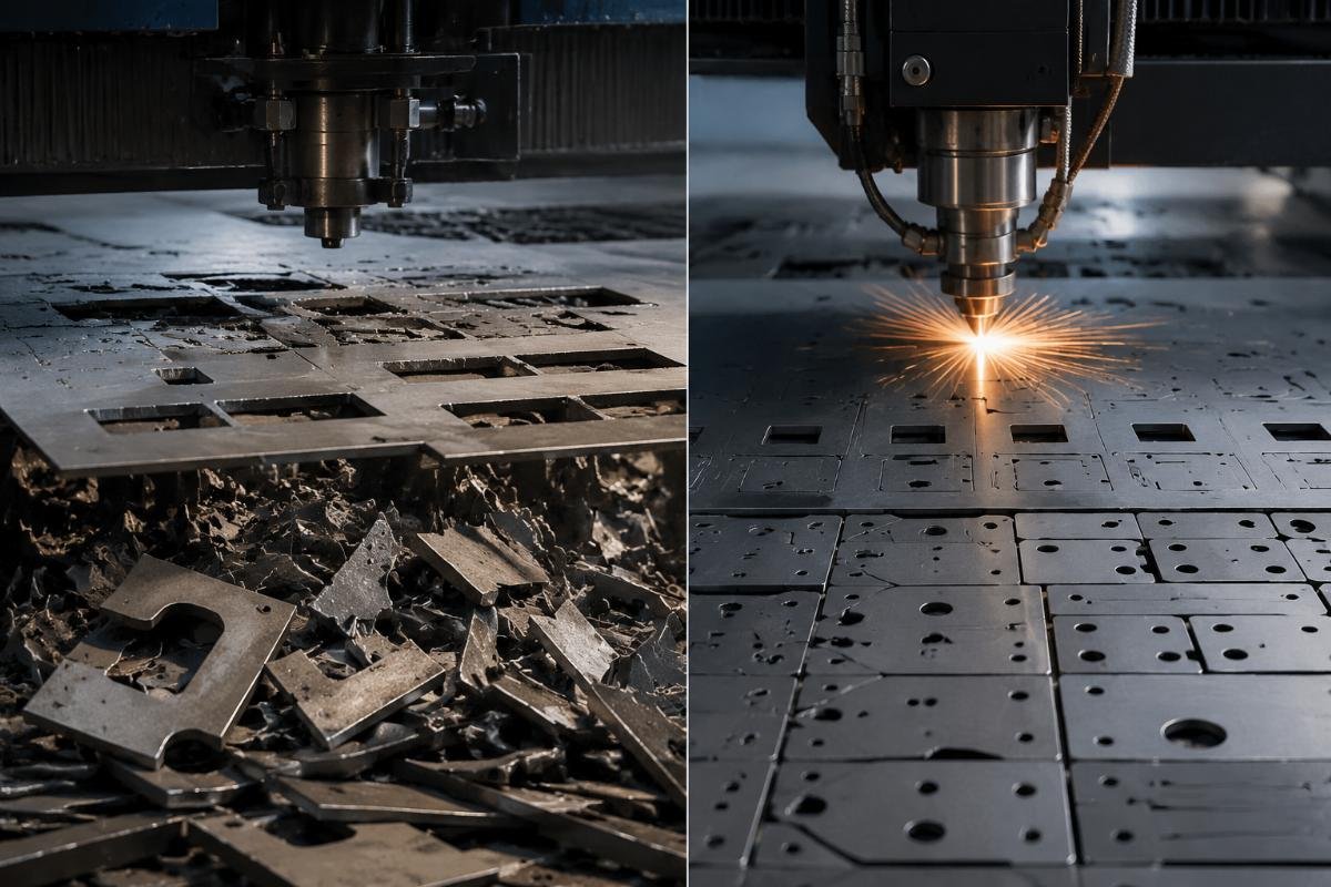 Side-by-side comparison of manual die cutting output and CNC cutting output showing reduced waste and cleaner edges