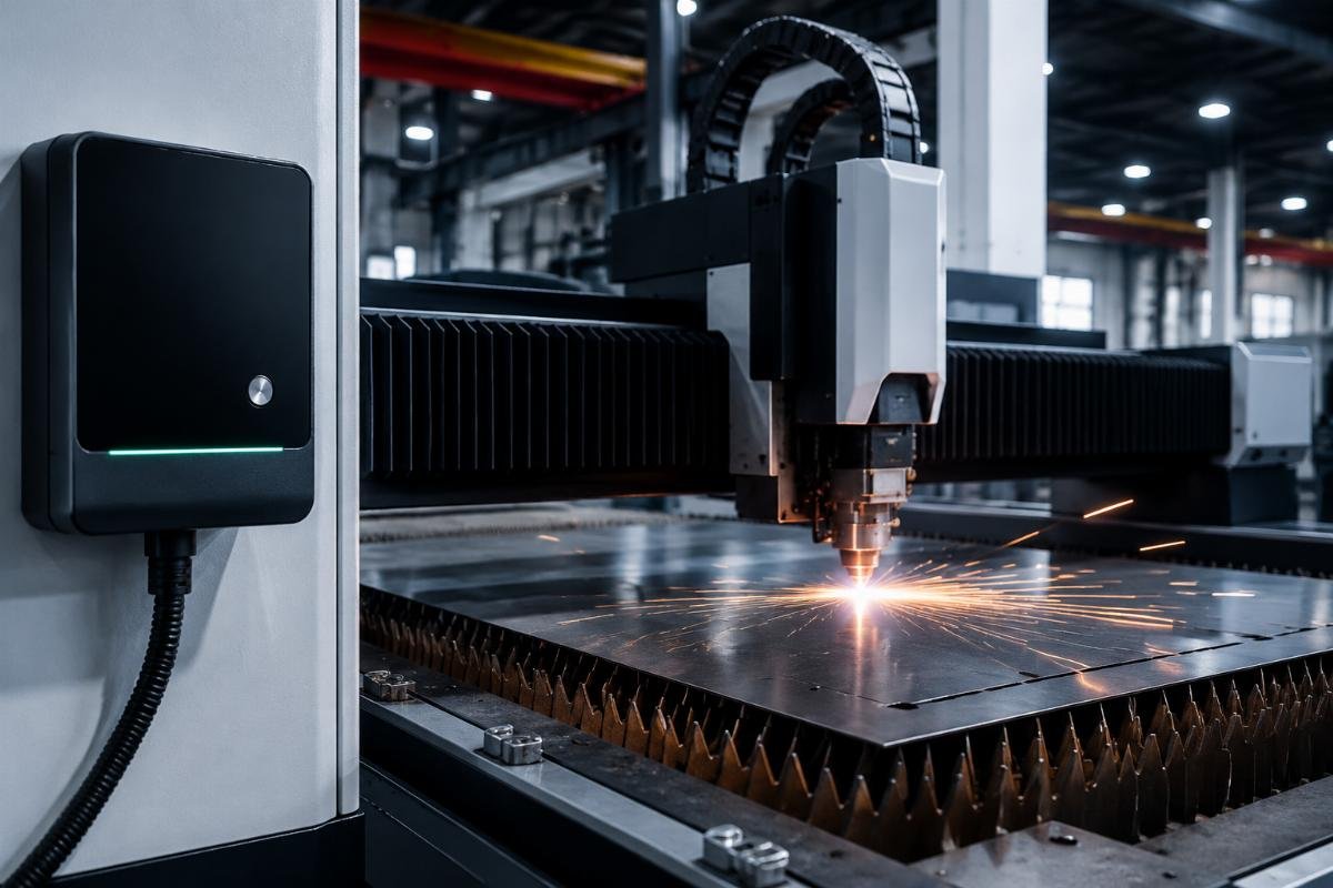 CNC cutting machine 8 hours daily electricity usage A factory floor with a CNC cutting machine running 8 hours a day, with a digital meter showing real-time power consumption