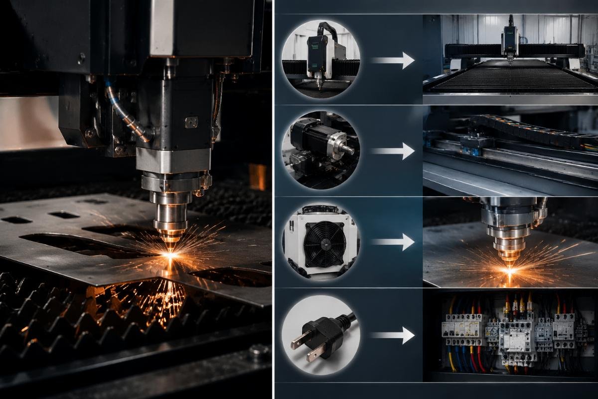 CNC cutting machine daily electricity cost calculation steps A step-by-step infographic showing the 4 inputs of the CNC cutting machine electricity cost formula