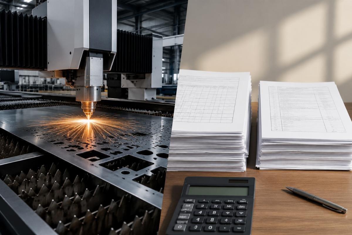 A side-by-side comparison of CNC cutting machine depreciation calculation sheets and tax form snippets for global buyers