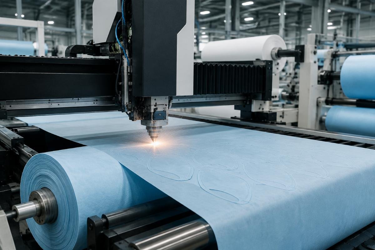 CNC cutting machine for mask and gown raw material processing CNC cutting machine processing mask raw material rolls in production facility