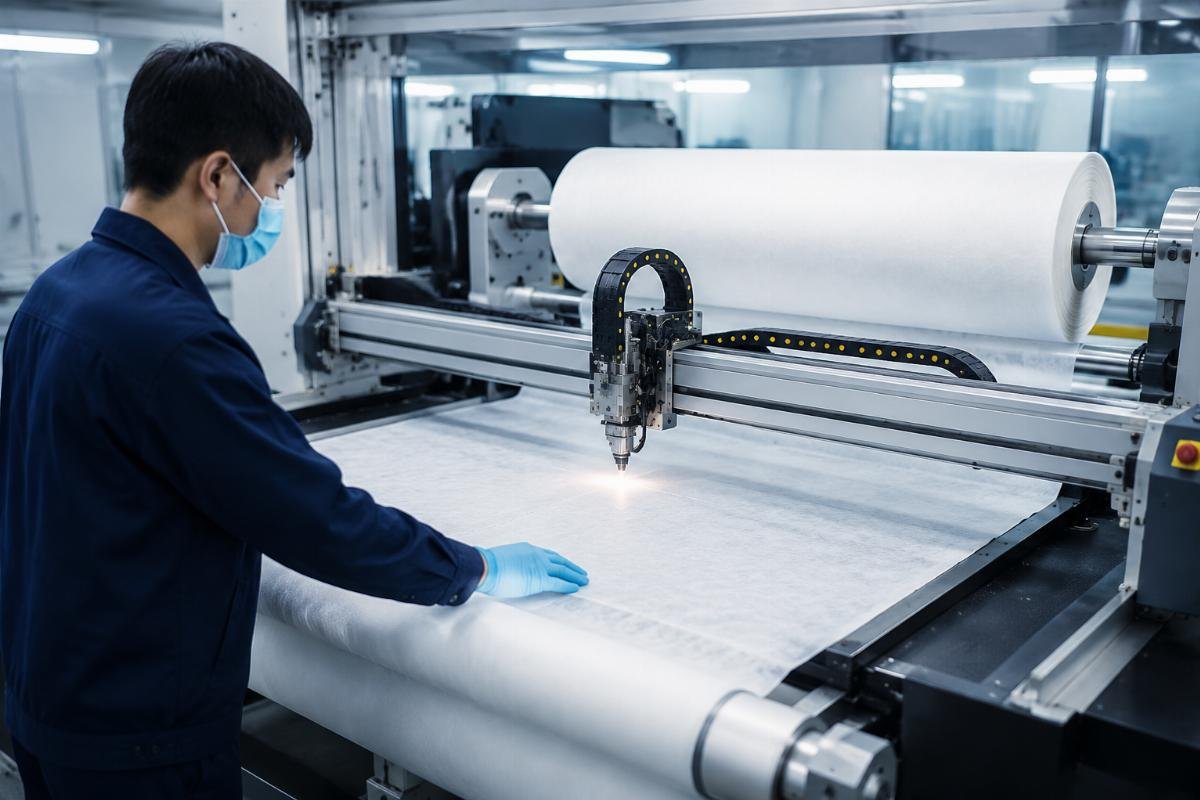 CNC cutting machine for PPE non-woven material processing Worker operating CNC cutting machine on PPE non-woven material roll