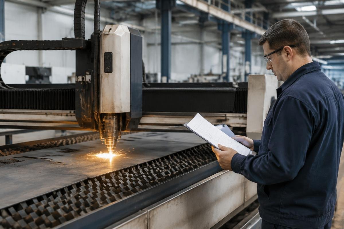 CNC Cutting Machine Insurance Risk Assessment for Factory Owners A factory floor with a CNC cutting machine running while an insurance adjuster reviews technical specification documents