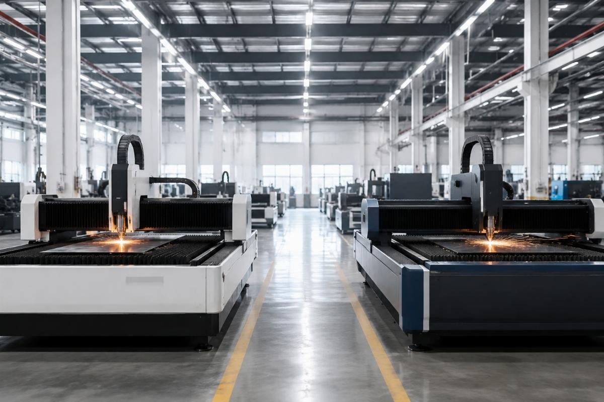 Side-by-side comparison of a leased and purchased CNC cutting machine in a factory production floor