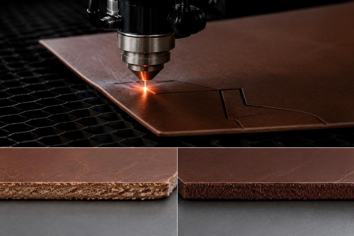 Close-up of CNC cut genuine leather edge vs manual die cut edge