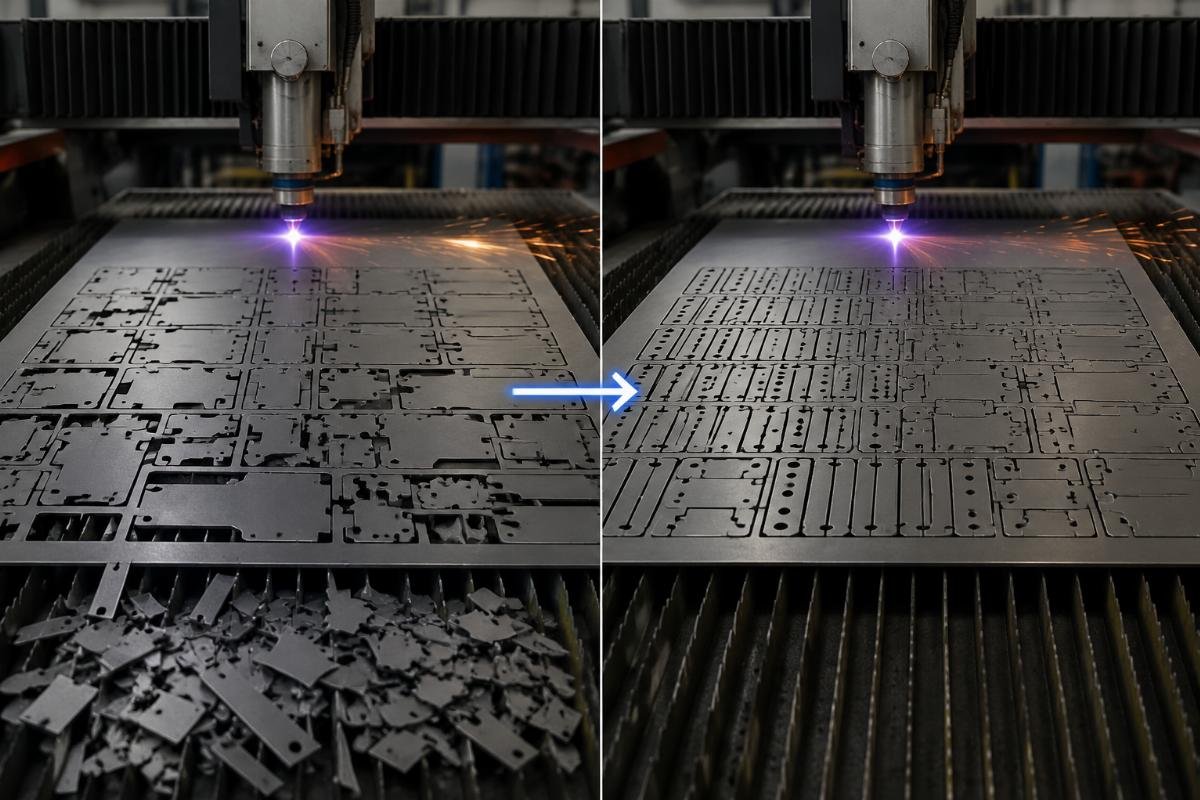 Side-by-side comparison of raw material nesting layouts before and after CNC cutting upgrade