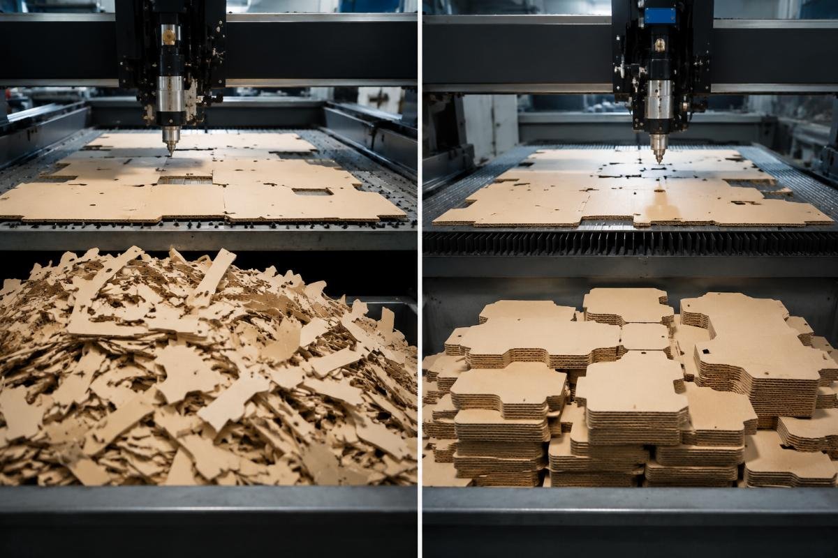 Side by side comparison of die cutting scrap pile next to CNC cutting scrap pile for the same corrugated board job