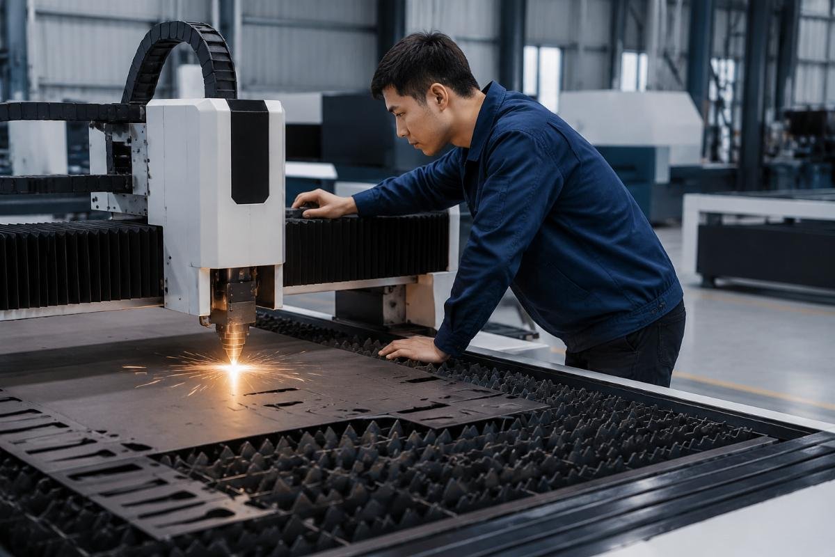 A new CNC cutting workshop operator testing a fabric cutting machine at their facility