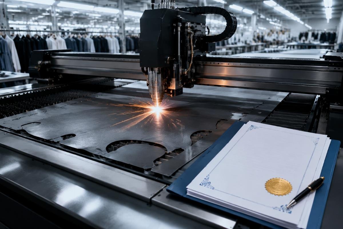 A CNC cutting machine running on a garment production floor with a completed subsidy approval document overlay