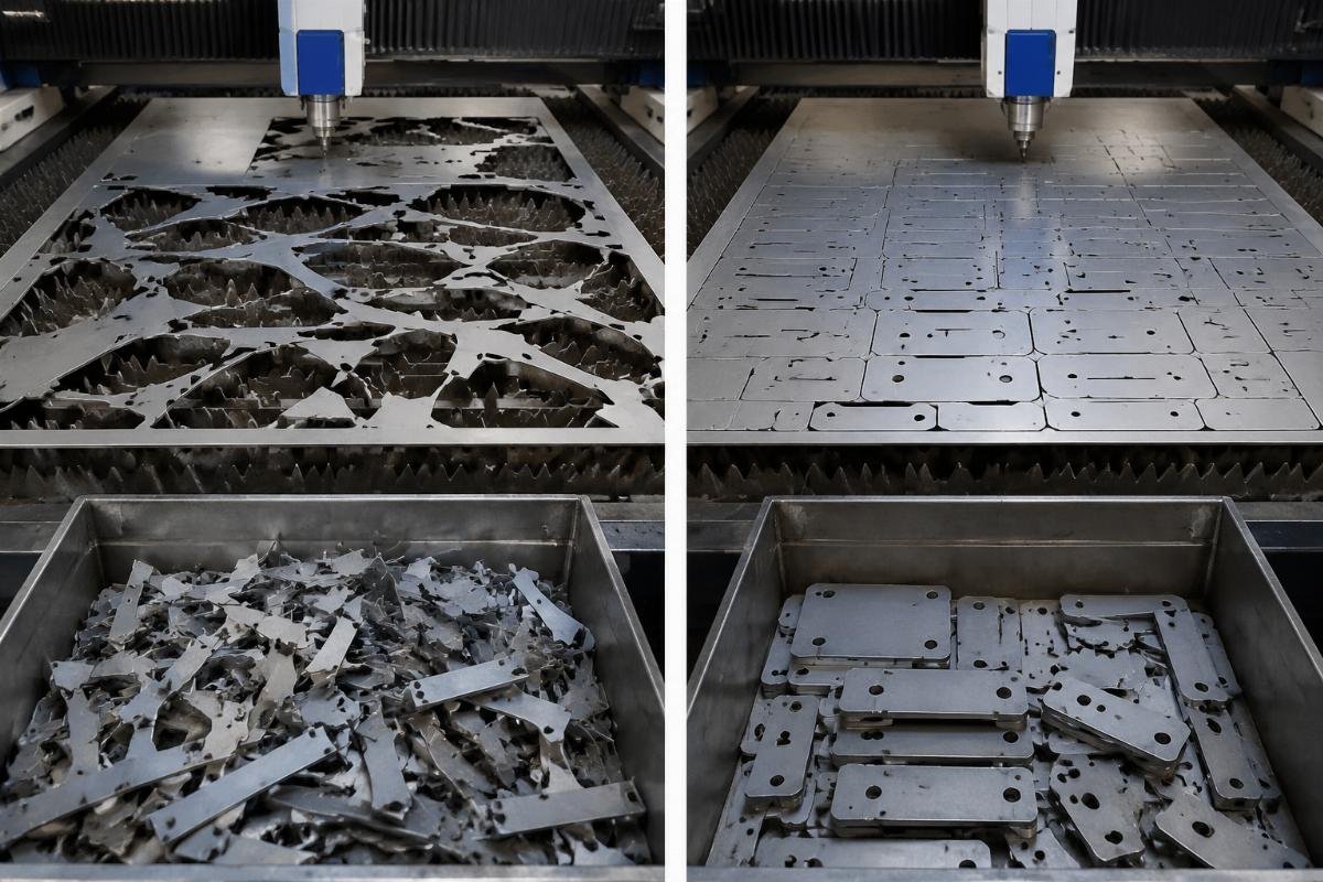 Side-by-side comparison of raw material waste before and after CNC nesting implementation on a production line