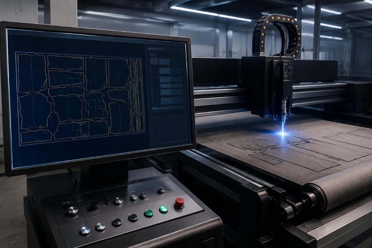 Machine control interface showing intelligent nesting layout on fabric roll