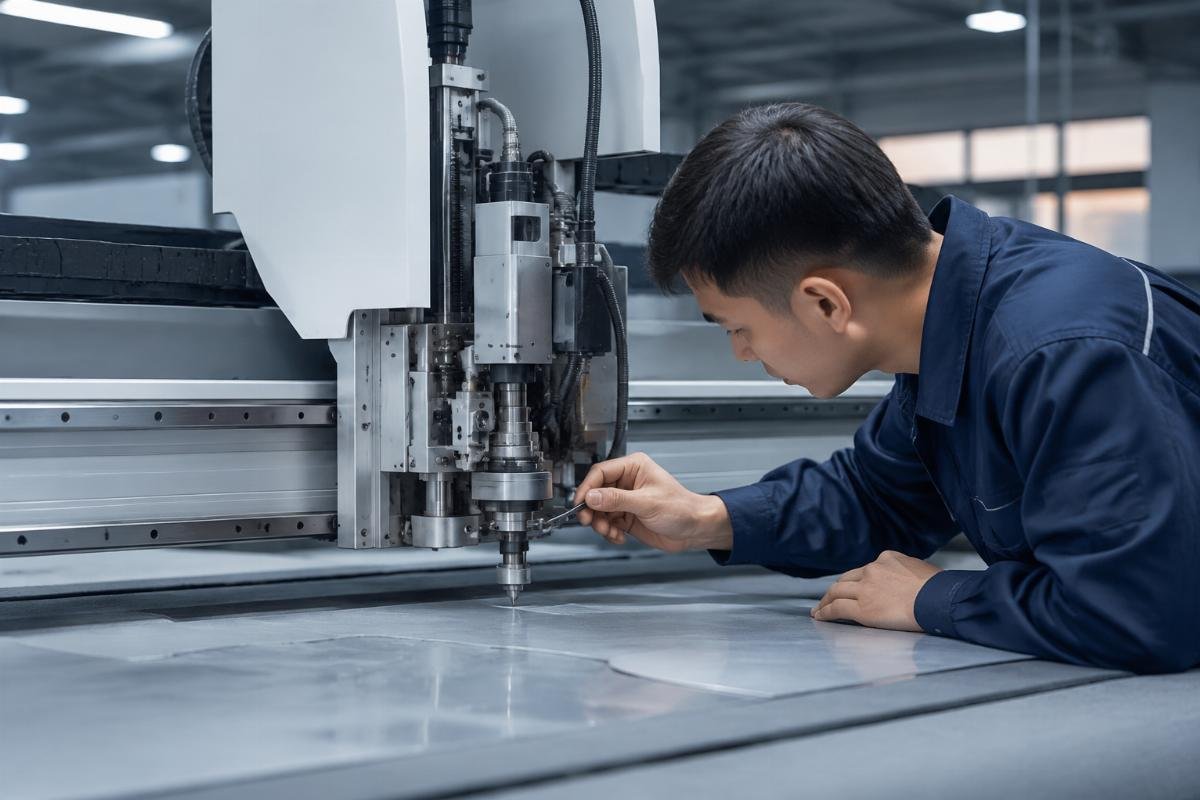 CNC oscillating knife machine blade wear check during production A production line operator checking blade wear on a running CNC oscillating knife machine